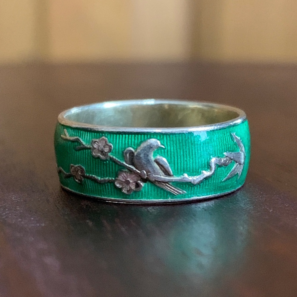 925 silver and green bird ring size 5.75